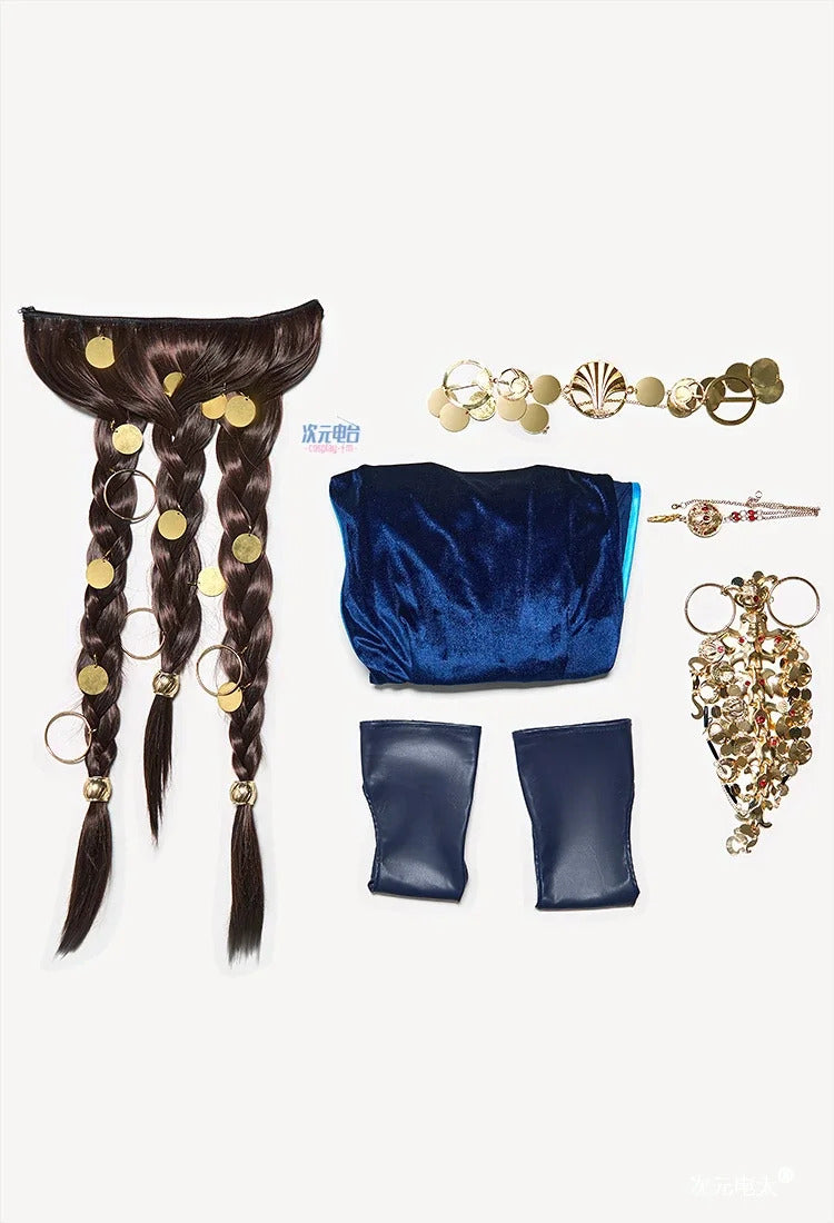 Baldur's Gate 3 Mizora Cambion Cospaly Costume Deep blue sexy woman long dress necklace waist chain socks headwear Halloween set