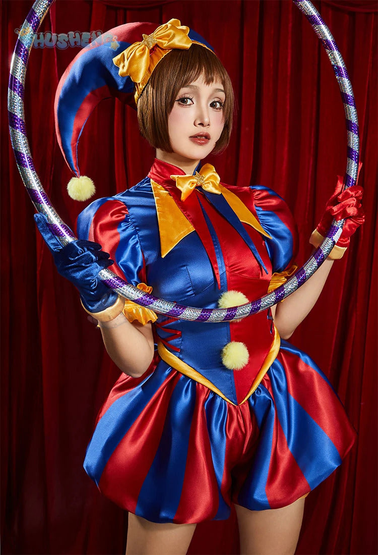 Adult Digital Circus Cosplay Costumes Pomni Cosplay Masks Set Hat Jumpsuit Cartoon Christmas Halloween Party Cute Clown wig set