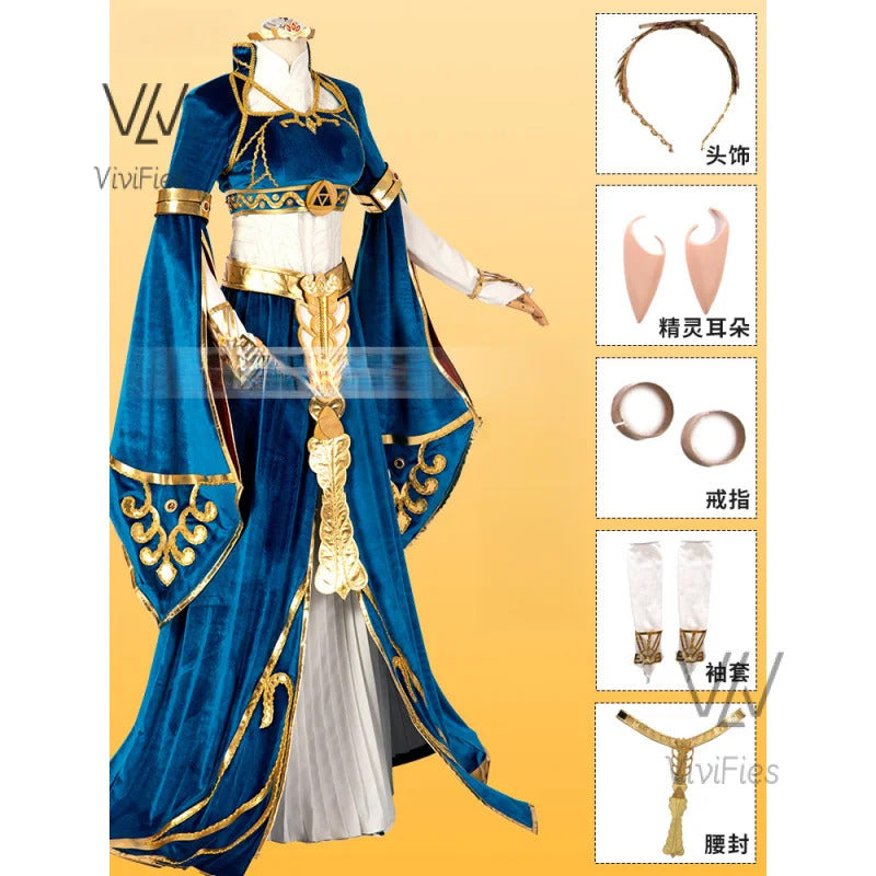 Blue velvet princess dress Zelda cosplay costume woman top skirt outfit full set and wig are sold custom size