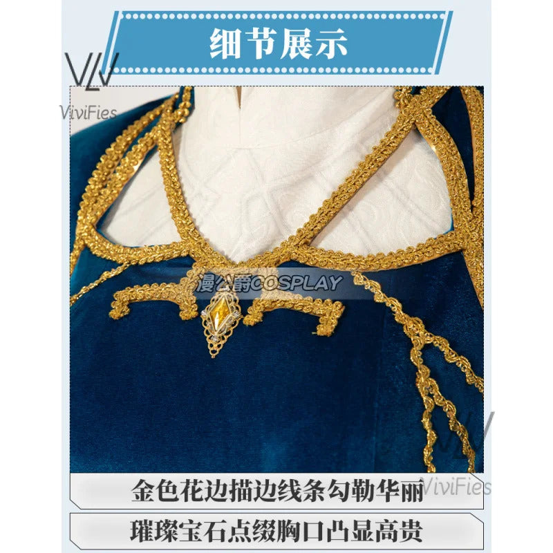 Blue velvet princess dress Zelda cosplay costume woman top skirt outfit full set and wig are sold custom size