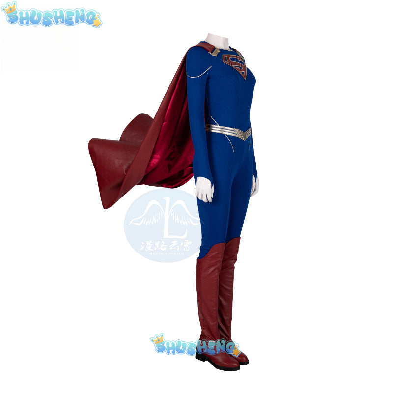 Superhero Cosplay Blue Bodysuit SuperWomen Zentai Costumes Womloak SuperGirl Cos Jumpsuit Rompers Aldult Outfits Role Play