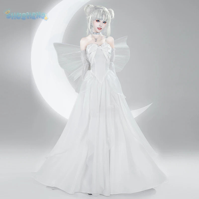 Sailor Tsukino Usagi Moon Cosplay Costume White Moon Dress Wings Bow Sleeves Set Wig For Christmas Halloween Game Party