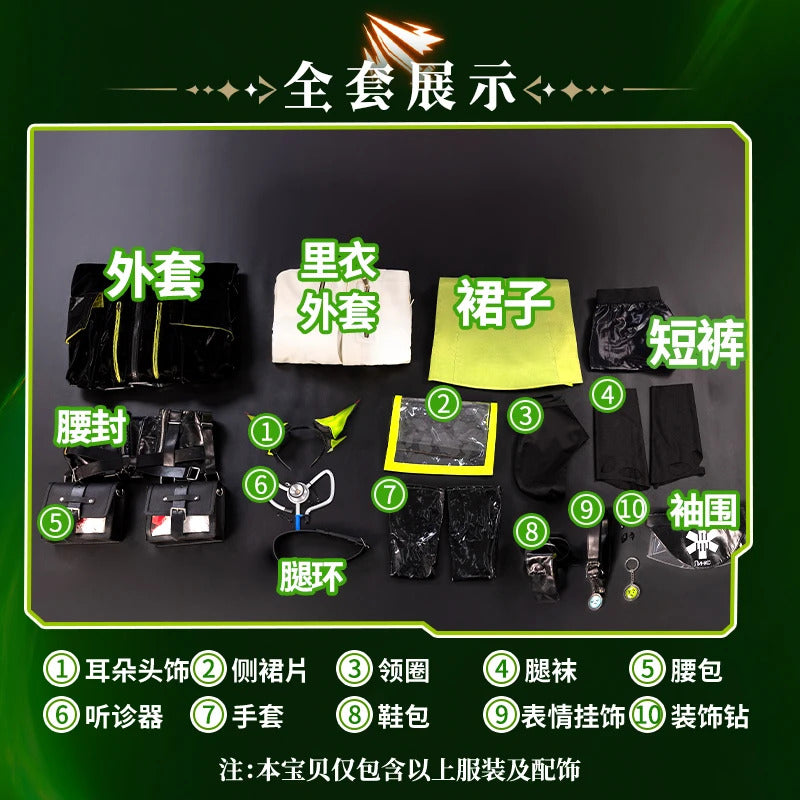 Arknights Mon3tr Cosplay Costume M3 Uniform Black Green Outfit Headwear Rhodes Island Halloween Party for Women Girls Props