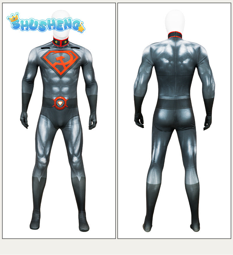 Adult Superhero Steel Man Cosplay Bodysuit Cape Set Clark Kent Printing Jumpsuit Halloween Hero Costume Red Velvet Cloak