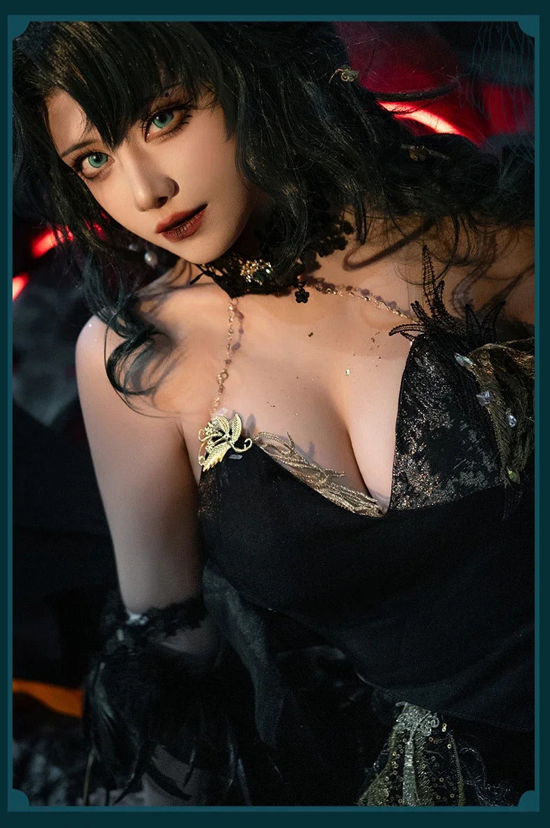 Path to Nowhere Raven MBCC-S-074 Cosplay Black glue gift box Costume Halloween Black Dress Necklace Props Wig Women's Sexy Set