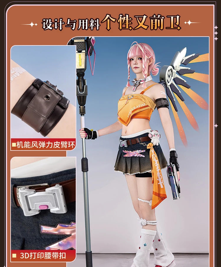 Overwatch Mercy Angela Ziegler Cosplay Linkage girl grou Costume Halloween Party Sweet Women Uniform Wig Props Accessories Set