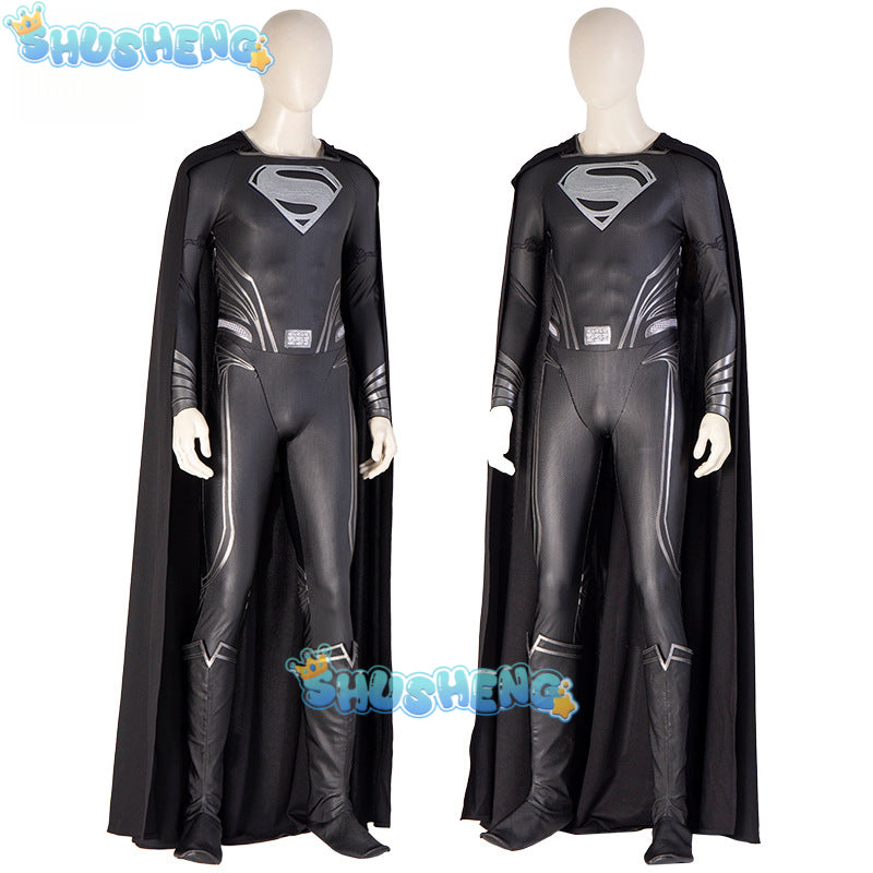 New Clark Kent Cosplay Costume Black Jumpsuit Cloak Super Hero Set Custom Made
