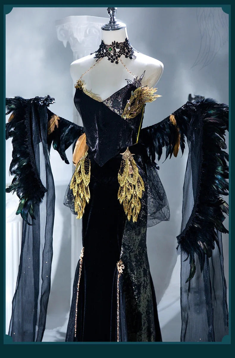 Path to Nowhere Raven MBCC-S-074 Cosplay Black glue gift box Costume Halloween Black Dress Necklace Props Wig Women's Sexy Set