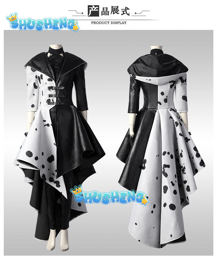 Cruella Costume Cosplay Cruella de Vil Evil Queen Black White Coat Evening Party Dress Fashion Emma Magic Performance Oufit