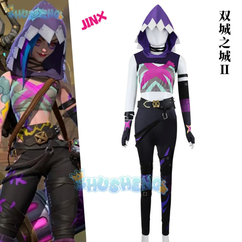 LoL Arcane Jinx Cosplay Costume Hat Finger Cover Outfits Women Vest Shorts Belt Gloves Halloween Carnival Suit Shusheng