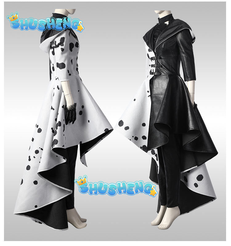 Cruella Costume Cosplay Cruella de Vil Evil Queen Black White Coat Evening Party Dress Fashion Emma Magic Performance Oufit