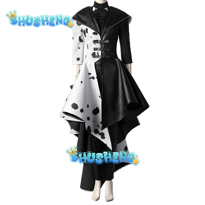 Cruella Costume Cosplay Cruella de Vil Evil Queen Black White Coat Evening Party Dress Fashion Emma Magic Performance Oufit