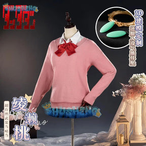 Momo Ayase cosplay costume anime dandadan pink top blue skirt school uniform earrings props Halloween party for women Shusheng