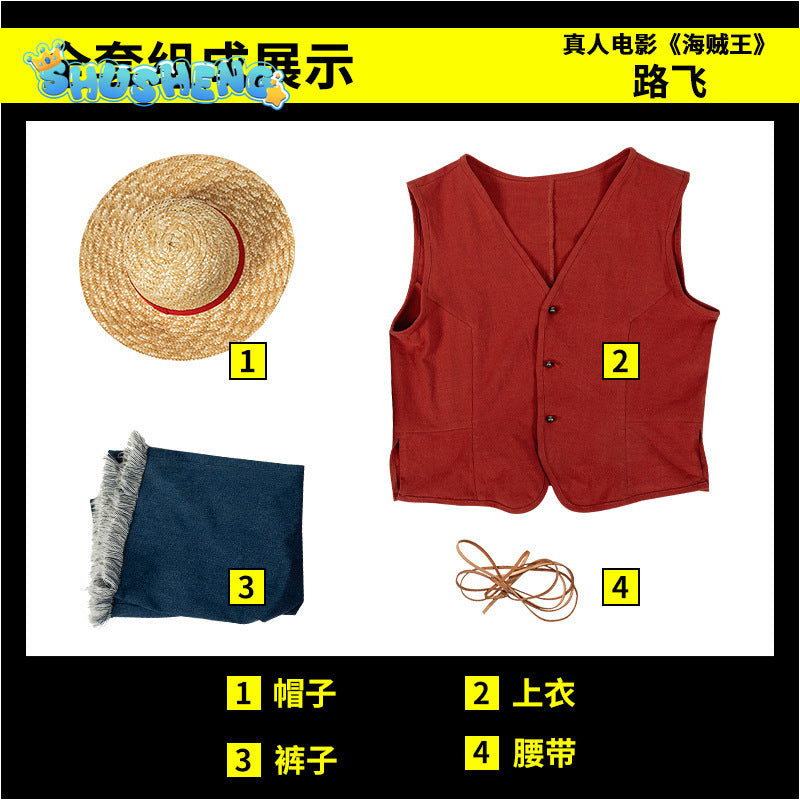 Luffy Cosplay Monkey D Luffy Costume Red Vest Shorts Hat Rope Anime Outfit Adults Men for Halloween Party Men Kids Cos Gifts