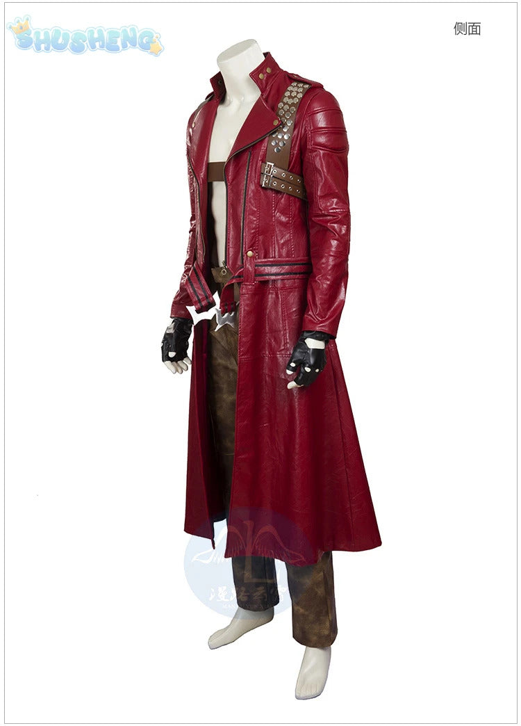 Game DMC 3 Dante Cosplay Costume Coat, gloves, waist bag, belt, Halloween party night red leather suitable uniform Dante Man set
