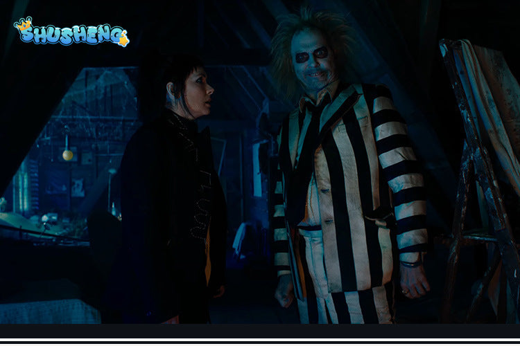 Beetlejuice Adam Cosplay Costume Men Black and White Striped Suit Jacket Shirt Pants Outfits Halloween Carnival