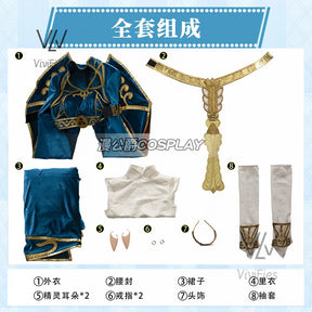 Blue velvet princess dress Zelda cosplay costume woman top skirt outfit full set and wig are sold custom size