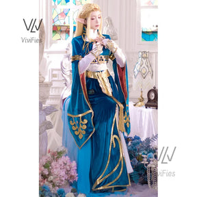 Blue velvet princess dress Zelda cosplay costume woman top skirt outfit full set and wig are sold custom size