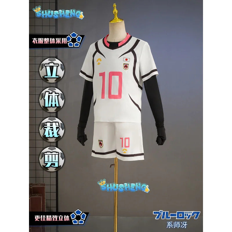 Anime Blue Lock Sae Itoshi Cosplay Costume Wig White Uniform Japan U-20 Team Football Jersey No.10 Sportswear Gloves Men Women