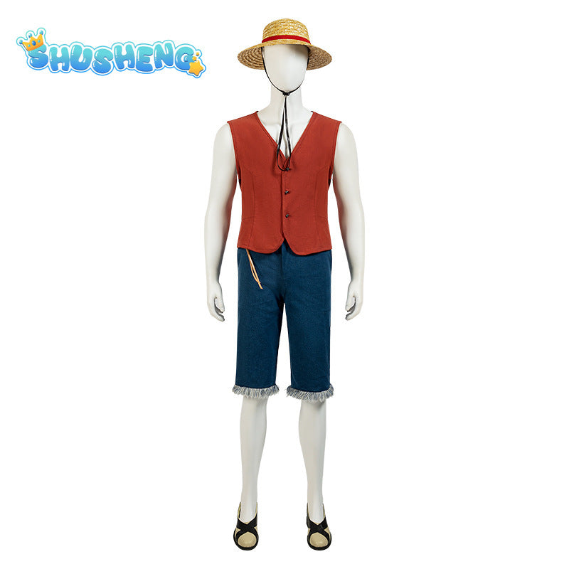 Luffy Cosplay Monkey D Luffy Costume Red Vest Shorts Hat Rope Anime Outfit Adults Men for Halloween Party Men Kids Cos Gifts