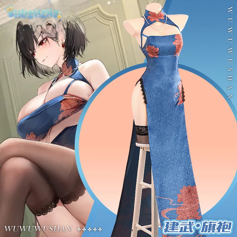 Azur Lane Chien Wu cosplay costume Halloween carnival blue Chinese style qipao Woman sexy dress uniform suit wig set