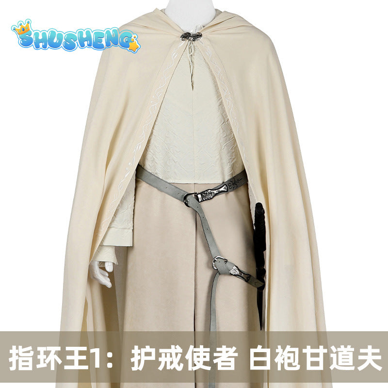 Halloweeen Gandalf Cosplay Costume Men Medieval Retro Sorcerer Uniform Suit White Hooded Cloak Suit Carnival Party Outfits