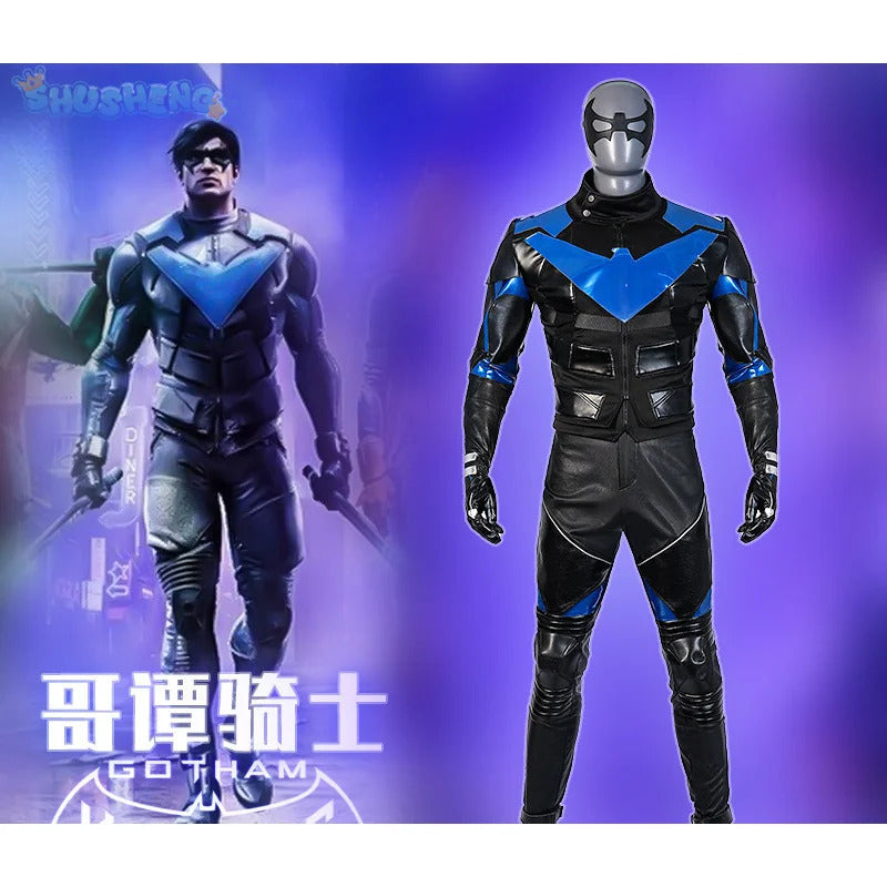 Gotham Knights Nightwing Robin Cosplay Costume Halloween Superhero combats Jumpsuit Faux Leather Black Armour Men Outfit Set