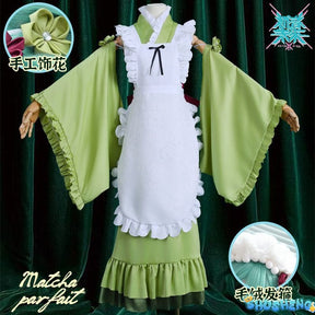 New Mikuu Matcha Sakura Green Cosplay Costume Parfait Apron Long and Wide Sleeved Dress Girl Kimono Wig Women Birthday Party Gift