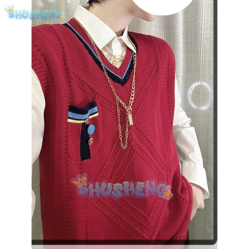 Love and Deepspace Rafayel Cosplay Qiyu Vest Without Shirt Sweater Red Sweater School Uniform Men