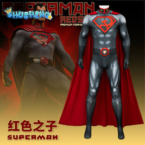 Adult Superhero Steel Man Cosplay Bodysuit Cape Set Clark Kent Printing Jumpsuit Halloween Hero Costume Red Velvet Cloak