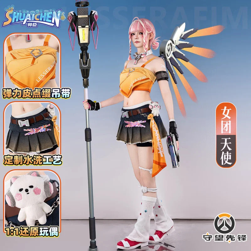 Overwatch Mercy Angela Ziegler Cosplay Linkage girl grou Costume Halloween Party Sweet Women Uniform Wig Props Accessories Set