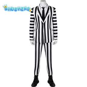 Beetlejuice Adam Cosplay Costume Men Black and White Striped Suit Jacket Shirt Pants Outfits Halloween Carnival