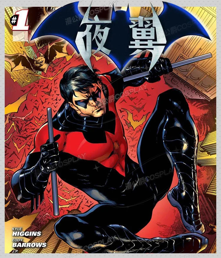 Shusheng-R Nightwing Dick Grayson Cosplay Costume Red Jumpsuit Full Set Uniform Role Play Halloween Carnival Party Outfit Shoes