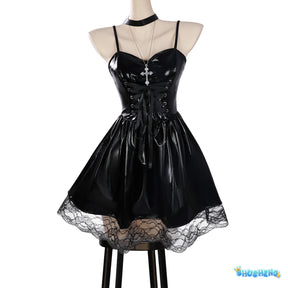 Anime Death Note Misa Amane Cosplay Costume Wig Imitation Leather Sexy Dress Necklace Lace Sleeves Stocking
