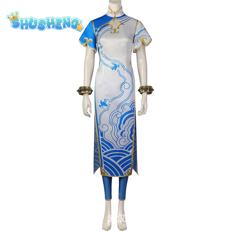 Chun Li Street Fighter 6 Cosplay Costume Blue Chun Li Dress with Accessories Full Set and Individual Items Are Sold