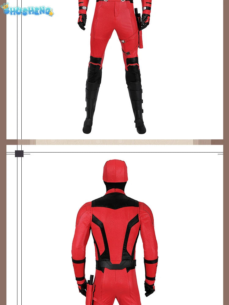 Daredevil Cosplay Costume Matt Murdock Red Leather Battle Suit Jumpsuit Belt Gloves Fullset Outfit Halloween Carnival Party Suit