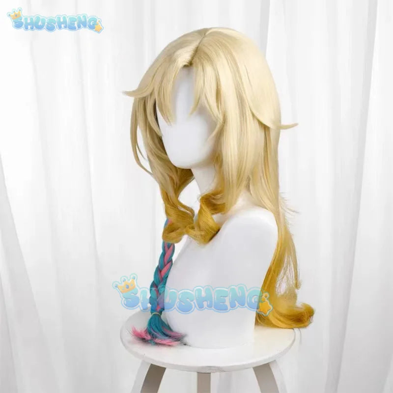 Genshin Impact Xilonen Cosplay Wig Golden Yellow Long Hair Pink Blue Braid Game Natlan Halloween Party for Women Props