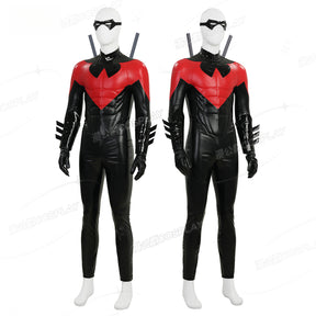 Shusheng-R Nightwing Dick Grayson Cosplay Costume Red Jumpsuit Full Set Uniform Role Play Halloween Carnival Party Outfit Shoes
