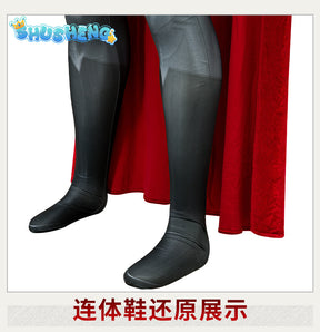 Adult Superhero Steel Man Cosplay Bodysuit Cape Set Clark Kent Printing Jumpsuit Halloween Hero Costume Red Velvet Cloak