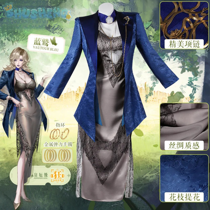 Game Path to Nowhere Cosplay Vautour Blue Costume Sexy silk long skirt jacket accessories Halloween party Blue Vautour uniform