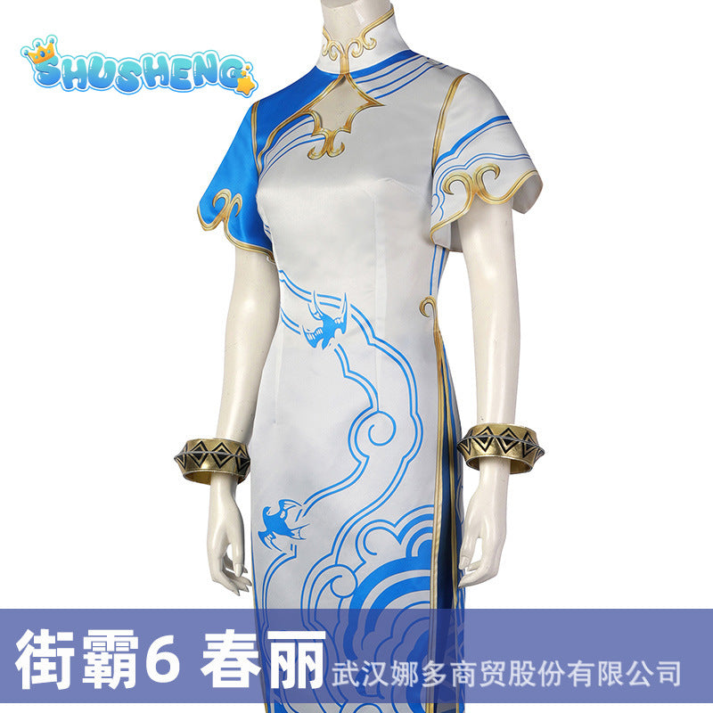 Chun Li Street Fighter 6 Cosplay Costume Blue Chun Li Dress with Accessories Full Set and Individual Items Are Sold