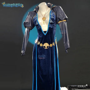 Baldur's Gate 3 Mizora Cambion Cospaly Costume Deep blue sexy woman long dress necklace waist chain socks headwear Halloween set