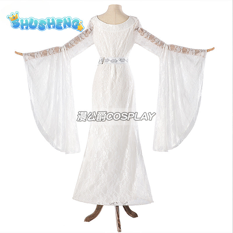 Movie Galadriel Cosplay Costume Women's White Dress Halloween Elf Cosplay Queen Outfit