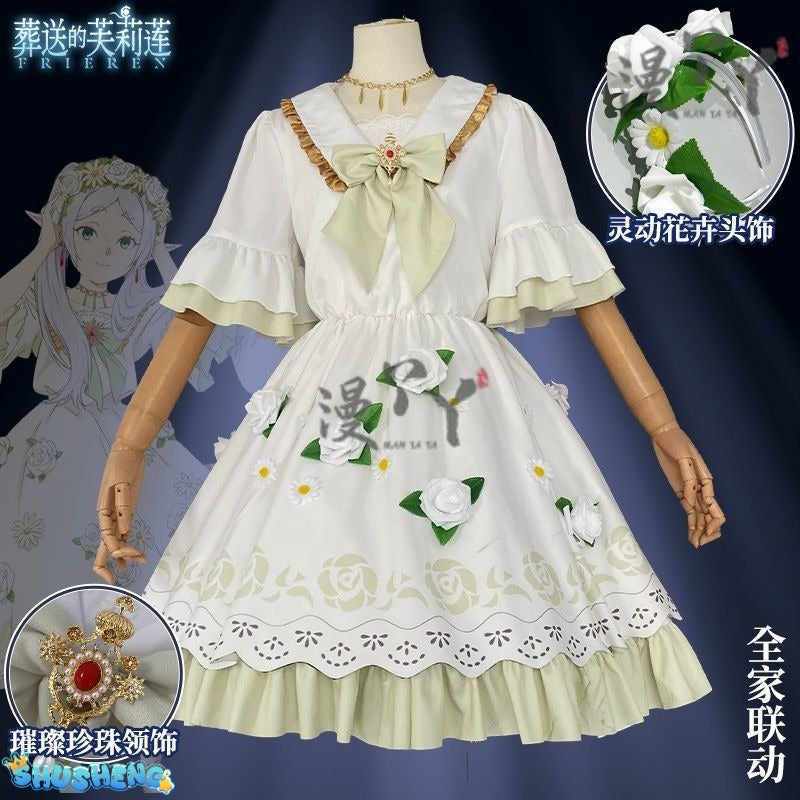 Anime Frieren: Beyond Journey's End Cosplay Costume White Flower Skirt Princess Dress Woman Sexy Masked Ball Party Suit