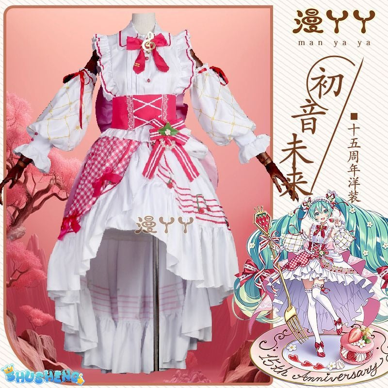 Anime Strawberry Miku 15th Anniversary Cosplay Costume Miku Lovely Lolita Dress Women Halloween Uniform Party Fancy Dress