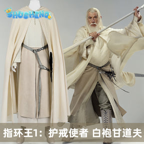 Halloweeen Gandalf Cosplay Costume Men Medieval Retro Sorcerer Uniform Suit White Hooded Cloak Suit Carnival Party Outfits