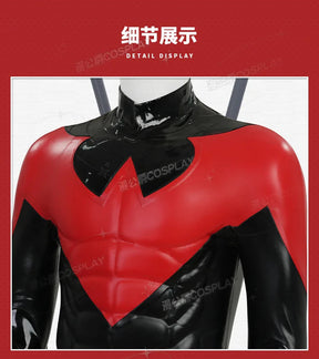 Shusheng-R Nightwing Dick Grayson Cosplay Costume Red Jumpsuit Full Set Uniform Role Play Halloween Carnival Party Outfit Shoes