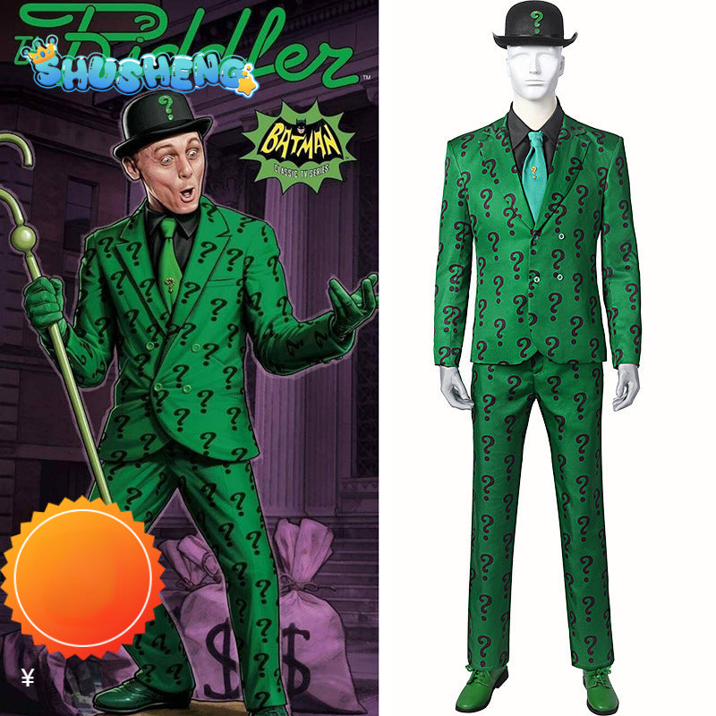 Men Riddler Cosplay Fantasy Movie Super Villain Costume Disguise Adult Boys Roleplay Fantasia Outfits Halloween Male Suits