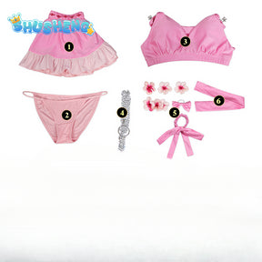 Game FF VII Aerith Gainsborough Cosplay Costume Pink Swimsuit Aerith Gainsborough Sexy Halter Neck Swimsuit 3-piece Set