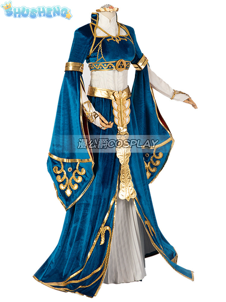 Blue velvet princess dress Zelda cosplay costume woman top skirt outfit full set and wig are sold custom size